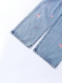 Sparklyn Teen Girl Fashionable Jeans Y2K Distressed Embroidered Wide Leg Jeans With Heart Embroidery And Zipper Closure Wide Leg Jeans,Y2K New Design PINK Embroidered Heart Straight Leg Baggy Jeans 90s Y2k - Blue - View 3
