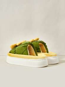 Cuccoo Sunflower Decor Colorblock Plush Slippers, Suitable For Indoor Wear In Autumn And Winter For Christmas And New Year Holiday Vibe Fall And Winter - Green - View 4