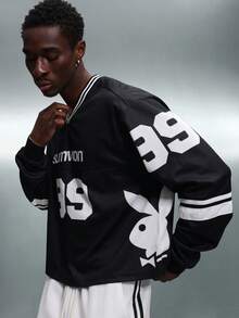 PLAYBOY X SUMWON 宽松版型长袖足球V领网眼T恤，印有大号数字 - 彩色 - 查看 1