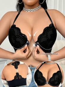 SHEIN 1件加大码蕾丝拼接前扣撞色露背内衣文胸 - 黑色 - 查看 2