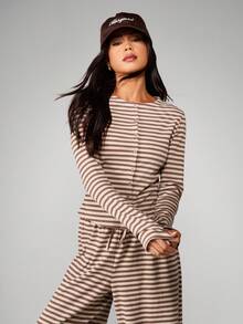 MISSGUIDED Striped Button Through Long Sleeve Co Ord Matching Lounge Wear Casual Fall Winter - Coffee Brown - View 4