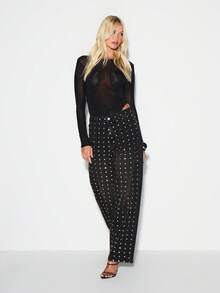 KIZN 铆钉高腰阔腿牛仔裤，适合音乐节演唱会穿着，前卫个性牛仔裤，全身金属铆钉图案 - 灰色 - 查看 3