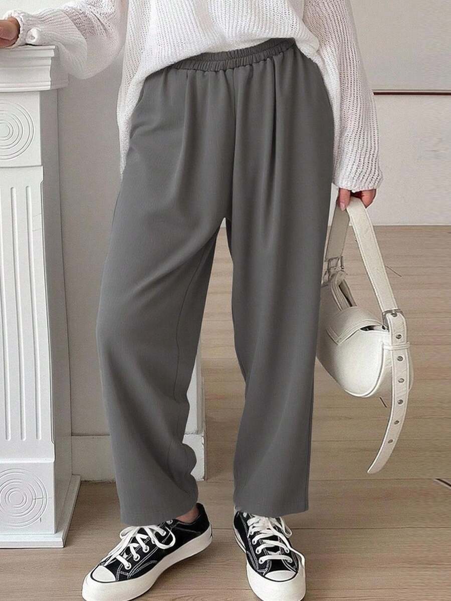 Dazy Plus Pantaloni casual a vita alta elasticizzati, tinta unita, taglie comode, colore nero, adatti per tutte le stagioni