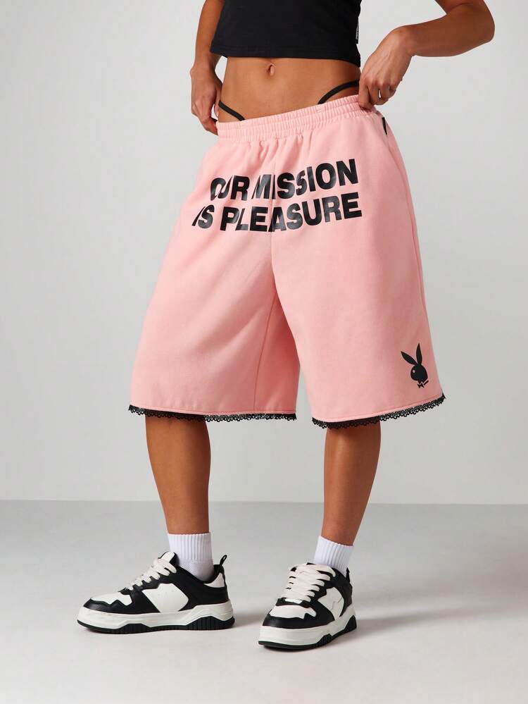 Missguided x Playboy Statement Drawstring Basketball Bermuda Shorts With Lace Trim - Casual Summer Streetwear
