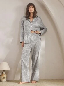 Ocili 缎面提花极简抽象舒适翻领长袖上衣和裤子女士睡衣套装，时尚秋季睡衣，秋冬服装 - 卡其色 - 查看 5