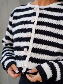 SAYEHFBABY Cardigan a rayas casual para mujer, blusas de manga larga para otoño e invierno para mujer, para mujeres de talla pequeña - Blanco y Negro - Ver 3