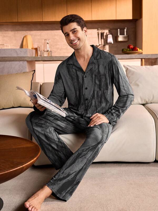 Manfinity Underwear&Sleepwear Basics Plus Size Men's Button-Up Long Sleeve & Long Pants Pajama Set
