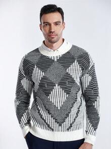 Manfinity CityGents Jersey de cuello redondo casual con patrón de diamantes para hombre, otoño/invierno