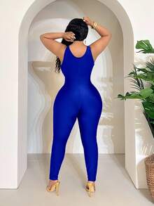 Maweii 大码女式纯色紧身交叉性感连体裤 - 藍色 - 查看 3