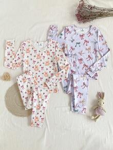 SHEIN Vintaside Kids 4pcs Girls Soft & Comfortable Sleepwear Set, Cute Bear & Bow Print, Casual Loungewear With Long Sleeve Top And Pants Kids Loungewear Soft Pajamas Set Kids Pj Sets "Tight Fit Pajama","Tight Fit","Snug Fit - Multicolor - View 3