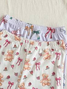 SHEIN Vintaside Kids 4pcs Girls Soft & Comfortable Sleepwear Set, Cute Bear & Bow Print, Casual Loungewear With Long Sleeve Top And Pants Kids Loungewear Soft Pajamas Set Kids Pj Sets "Tight Fit Pajama","Tight Fit","Snug Fit - Multicolor - View 7