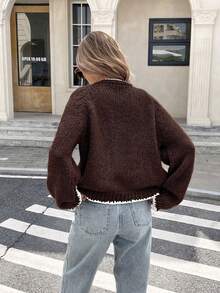 Serisse Áo khoác cardigan dệt kim dài tay họa tiết hoa buộc phía trước dành cho nữ, Thu/Đông - màu nâu - Xem 2