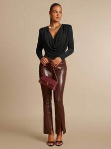 Silquee Bộ đồ liền thân dài tay màu xanh ô liu hở cổ khoét sâu, đệm vai, nhún bèo gợi cảm, thanh lịch dành cho nữ, thích hợp cho các buổi hẹn hò, đi chơi, đám cưới và tiệc tùng, mùa xuân/thu - màu đen - Xem 6