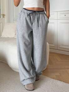 DAZY 女士格子拼接抽绳腰宽松保暖休闲裤，冬季款 - 灰色 - 查看 6