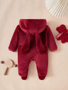 SHEIN 女婴睡衣，可爱柔软勃艮第兔子，睫毛刺绣眼睛和灵活耳朵设计长袖连帽连体衣家居服