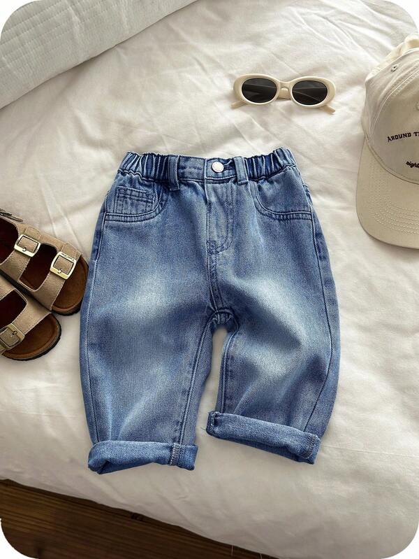 SHEIN Baby Boys' Casual Style Retro Straight Leg Baggy Blue Denim Jeans For Baby Clothes Baby Boys Costume Dailywear And Baby Summer And Spring Clothes