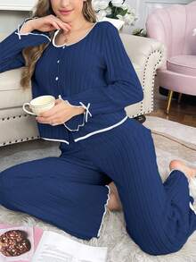 女士休闲加绒长袖上衣和裤子家居服两件套，藏蓝色家居服套装，秋冬款 - 藏蓝色 - 查看 7