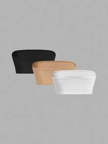 SHEIN SXY 3 件装 女式弹力露肩休闲百搭性感短款上衣 带内置胸垫 - 卡其色 - 查看 2