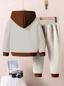 SHEIN 2pcs/Set Young Boys Casual Loose Color Block Patchwork Fashion Label Pullover Hoodie And Sweatpants Set, Suitable For Autumn/Winter Fall