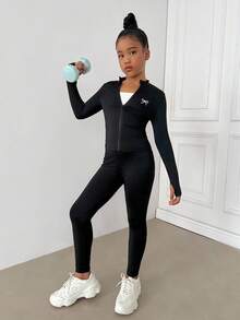 SHEIN Bộ đồ thể thao dệt kim cổ bẻ màu đen cho bé gái tuổi teen kèm quần legging, bộ đồ thể thao, bộ đồ thể thao thường ngày, bộ đồ chạy bộ - màu đen - Xem 3