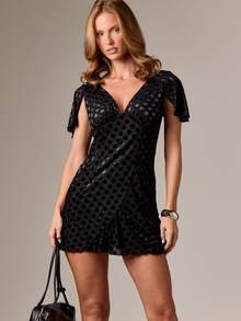 AiiRZ Cap Sleeve Polka Dot Burnout Chiffon Maxi Dress Deep V Neck Flutter Sleeve Evening Party Dress - Black - View 4