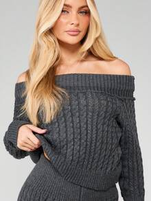 MISSGUIDED 露肩麻花针织毛衣套装冬季秋季舒适休闲阔腿裤搭配两件套服装 - 深灰色 - 查看 3