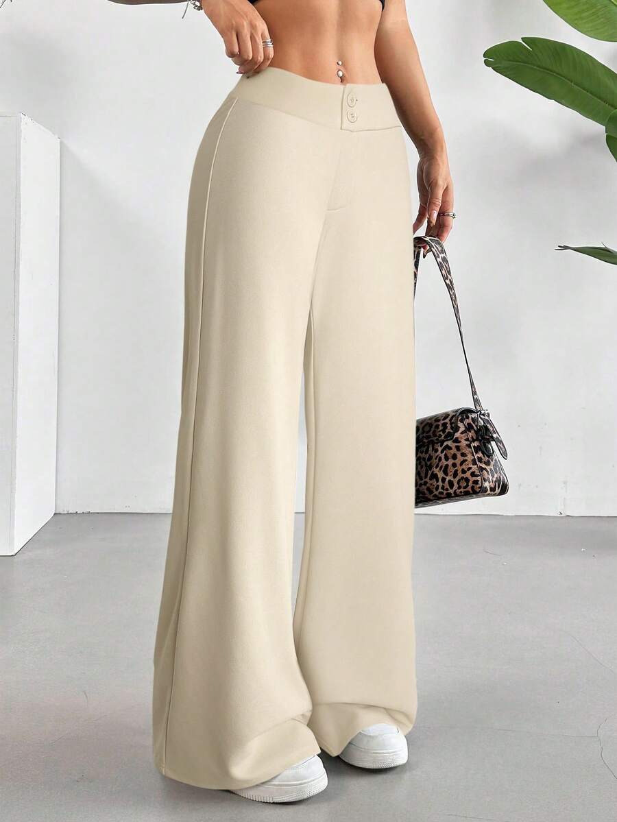 SHEIN EZwear Women's Casual High Waist Flare Leg Apricot Pants, Autumn - Apricot - View 1