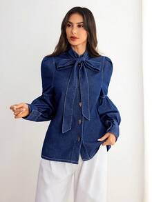 Elenzga Jaqueta e casaco jeans femininos casuais e elegantes - Azul - Ver 6