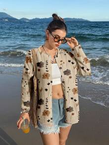 Veykashi Floral Pattern Knitted Plus Size Cardigan Autumn Winter Clothes For Women - Multicolor - View 5