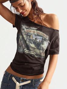 Bohemela BOHO Music Festival Casual Solid Color Knit Asymmetrical Neck Short Sleeve T-Shirt For Women - Black - View 3