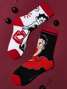 Betty Boop x SHEIN 2 双柔软透气吸湿排汗休闲女士中筒袜，时尚黑白可爱女士中筒袜，加固脚趾和脚跟，经久耐用，四季百搭，夏季冬季 - 彩色 - 查看 8