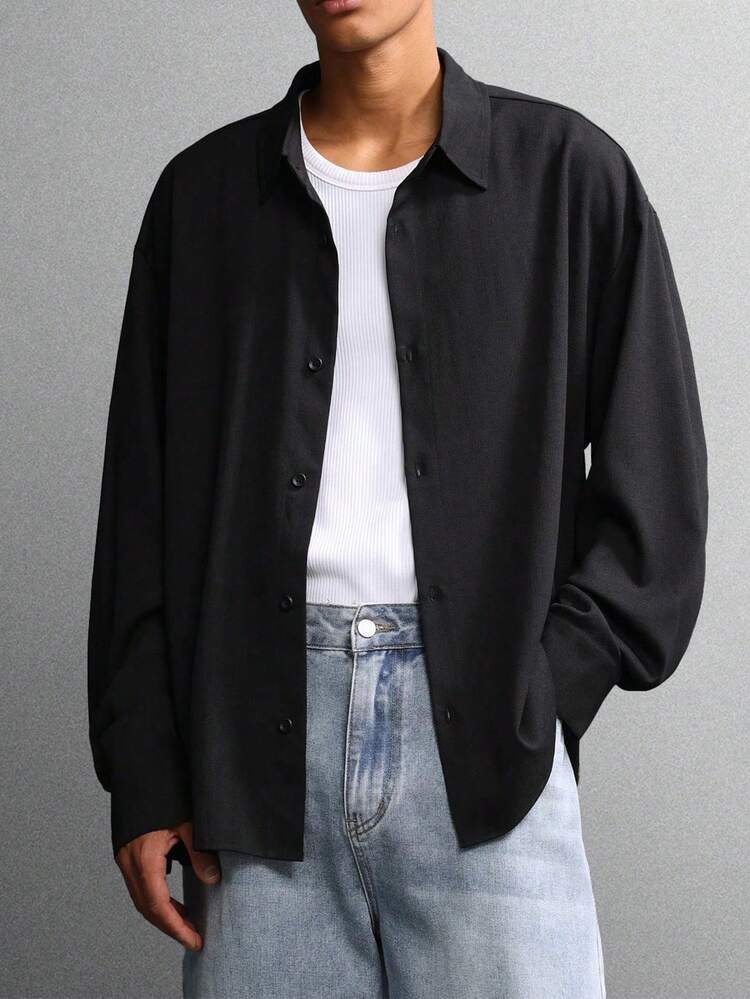 Oversized Black Button Down Shirt With Classic Collar