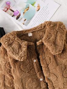 SHEIN 女孩可爱甜美休闲连体裤和粉色衬衫上衣夹克套装，蓬松开衫，适合秋季、冬季 - 卡其色 - 查看 3