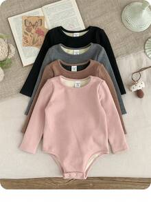 SHEIN Bộ 4 áo liền quần tay dài màu trơn dệt kim dễ thương cho bé gái, bộ đồ liền quần mùa thu/đông cho bé gái, quần áo liền quần cho bé gái, quần áo dài tay màu trung tính cho bé gái, quần áo cho bé gái mùa thu - Nhiều màu - Xem 2