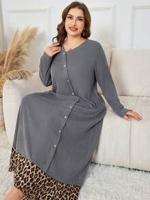 Lacomfia Vestido holgado de manga larga con cuello asimétrico, estampado de leopardo y de costilla, talla grande, para primavera/otoño - Multicolor - Ver 1