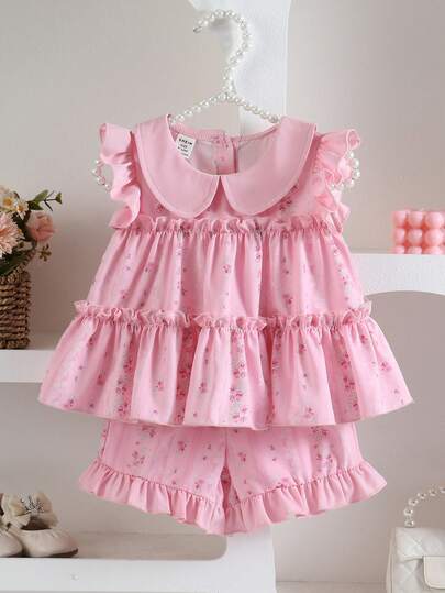 Elladie kids Baby Girls' Elegant Cute Embroidered Peter Pan Collar Ruffle Trim Vest And Shorts Set, Suitable For Daily Outings, Vacation, Park Play, Summer