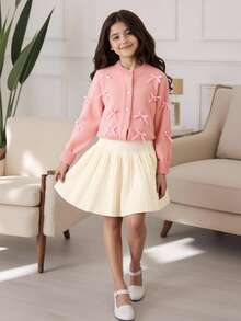 2pcs/Set Tween Girl Winter Outfit: Elegant Bow Knitted Sweater And Pleated Knit Skirt Set