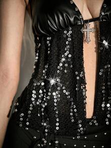 ROMWE Avant Y2K Rave Music Festival Metal Cross Pendant PU Patchwork Fishnet Beaded Halter Backless Women Halter Top - Black - View 4