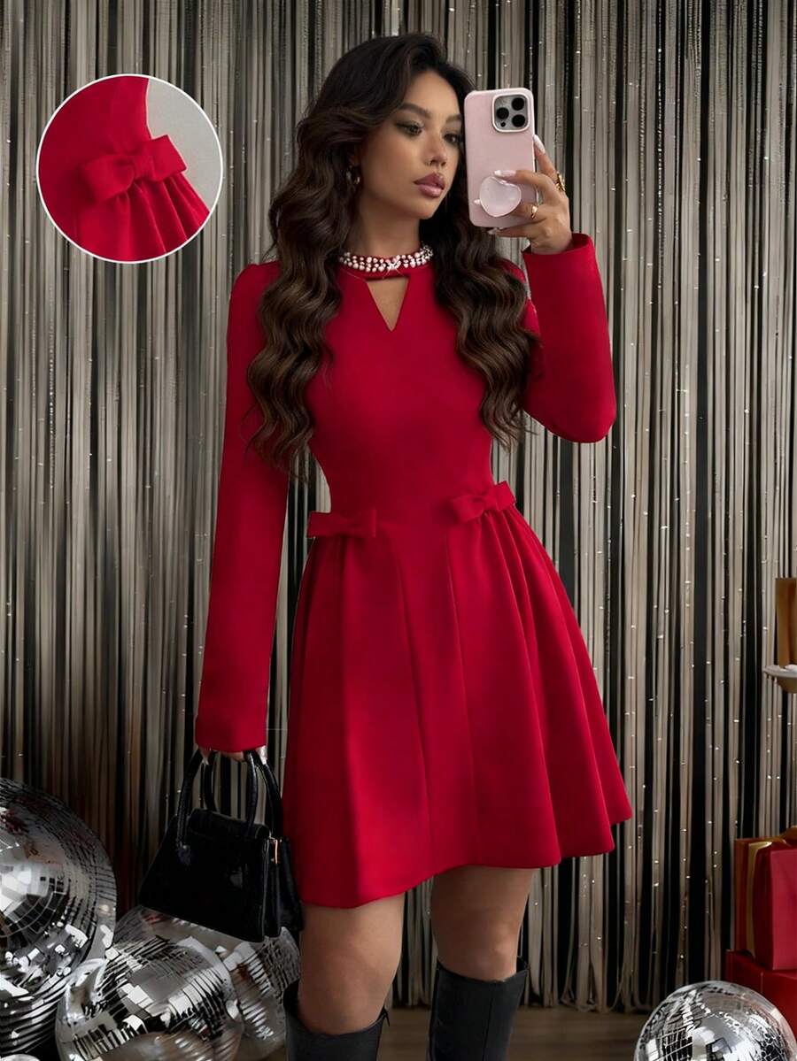 Elenzga 女士秋冬针织弹力修身圆领镂空铆钉珍珠肩长袖褶饰A字蝴蝶结派对时尚节日圣诞节优雅迷你连衣裙 - 紅色 - 查看 1