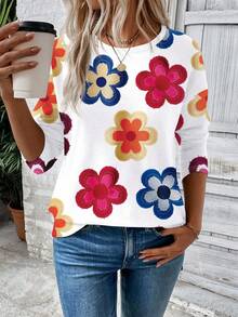 EMERY ROSE Camiseta casual versátil de manga larga con cuello redondo y estampado floral grande, nueva llegada de otoño/invierno para mujer - Multicolor - Ver 3