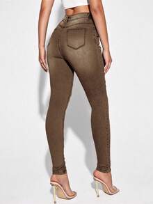 EMERY ROSE Blugi de damă cu talie înaltă, buzunare, skinny, casual, versatile, blugi de damă, maro, jeggings, pantaloni Western pentru femei, mărime plus - cafea maro - Vizualizare 2