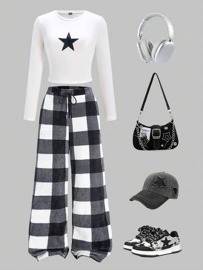 SHEIN Women's Autumn 3D Leather Pentagram Tight Top And Casual Front Tie Plaid Pocket Pants Set