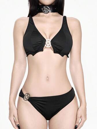 Goth Conjunto de sujetador y tanga con forma de murciélago y anillo de metal con pentágrama gótico