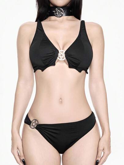 Gothic Pentagram Metal Ring Bat-Shaped Bra And Thong Panty Set