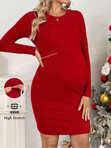 SHEIN Solid Color Comfortable Fitted Long Sleeve Nursing Dresses,Christmas Costumes