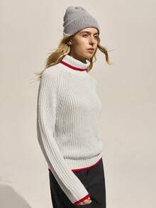 Easithlete Contrast Trim Fitted Long Sleeve Turtleneck Sweater, Fashionable For Autumn/Winter