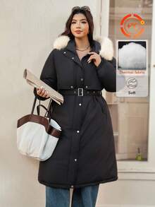 Vionelle Plus Size Long Sleeve Fur Collar Casual Coat With Belt - Black - View 6