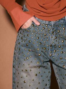 KIZN 女式金属孔眼铆钉直筒高腰阔腿牛仔裤 - 深色水洗藍 - 查看 5