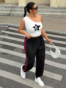SHEIN EZwear Plus Size Casual Versatile Color Block Drawstring Sweatpants - Multicolor - View 3