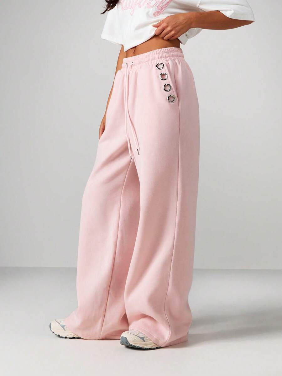 MISSGUIDED 孔眼阔腿高腰慢跑运动裤舒适休闲抽绳裤 - 淺粉色 - 查看 1